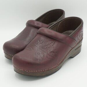 Dansko Professional Burgundy Floral Embossed Leather Clogs - EU 38 / US Women's